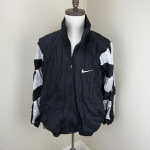 Vintage 90s Nike Track Jacket Black White Swoosh Windbreaker Menswear Coat Large